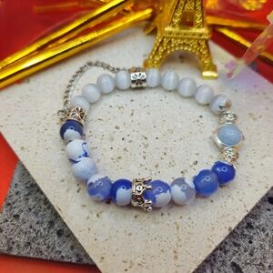 Moonstone - Blue Fire Agates 8mm Beaded Bracelet Silver Crown Charm Accents NEW